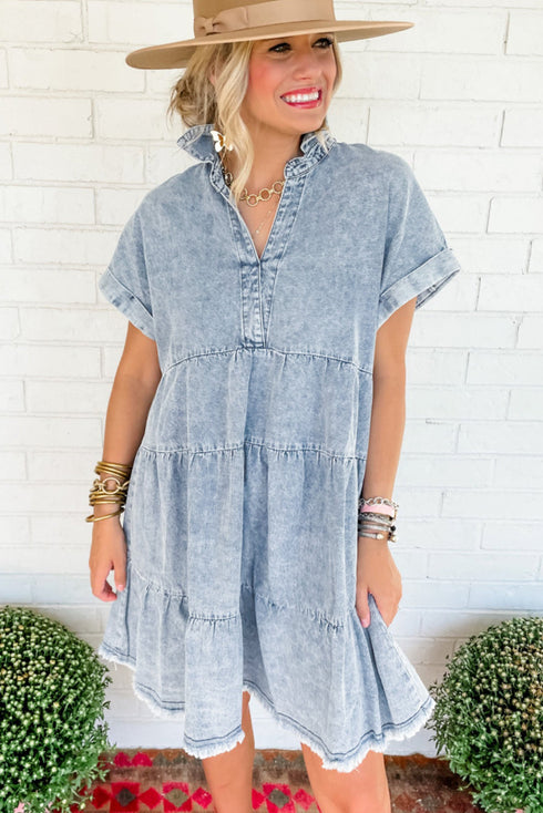 Blue Acid Wash V Neck Tiered Denim Dress